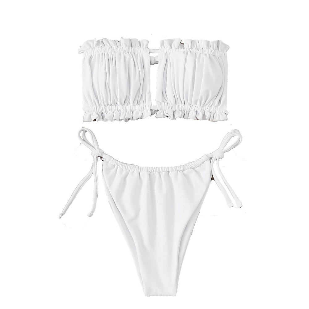 Floerns Bikini Women S White Ruched Ruffle Bandeau Cheeky Thong 840 NWT
